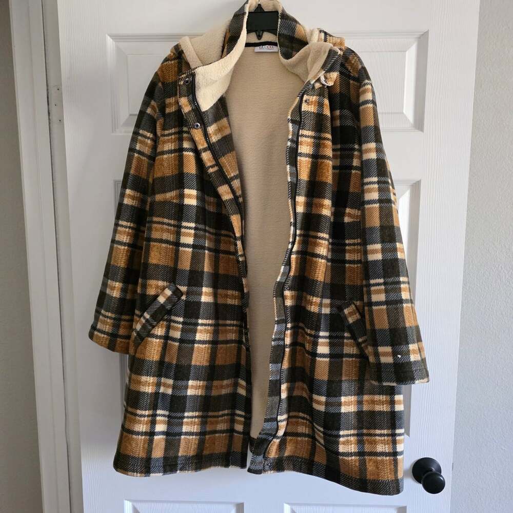 Denim & Co Plaid Fleece Sherpa Hooded Jacket Coat Cabincore Cozy size 3x